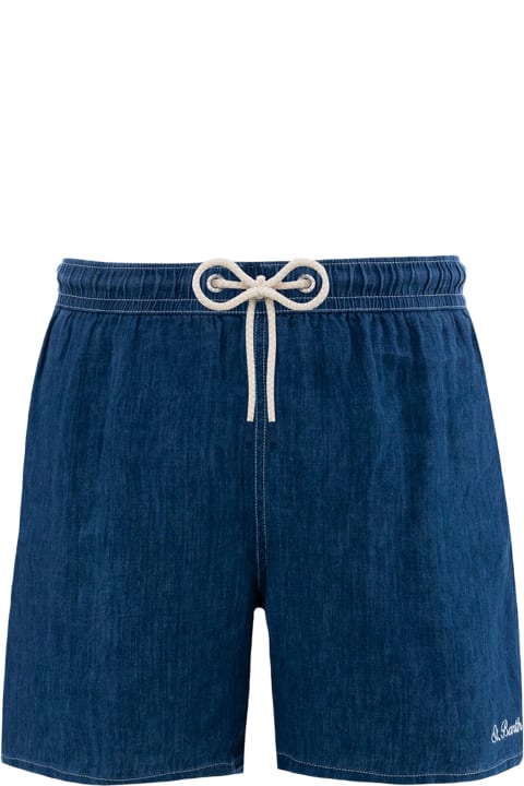 Homeware MC2 Saint Barth Man Mid-length Denim Blue Linen Swim-shorts Gustavia