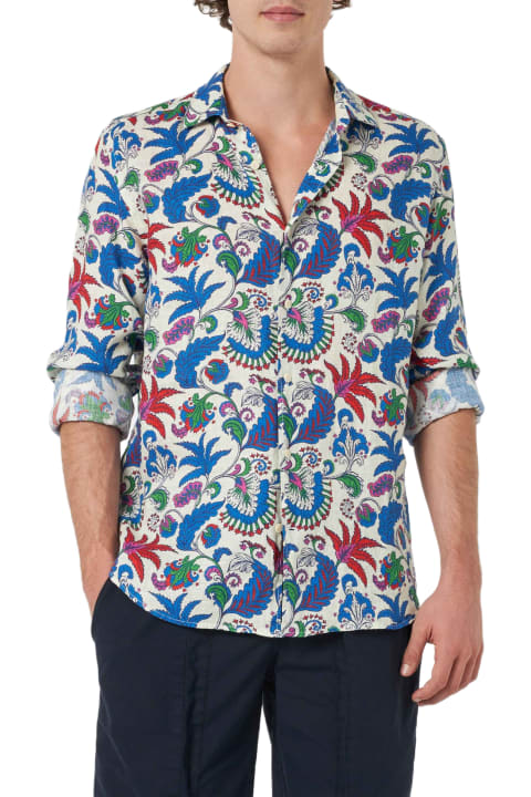 Homeware MC2 Saint Barth Nvy Blue Linen Shirt Pamplona With Flower Print