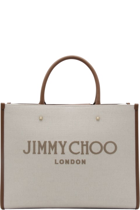 Jimmy Choo Women Jimmy Choo Natural And Taupe Canvas Avenue Medium Tote Bag