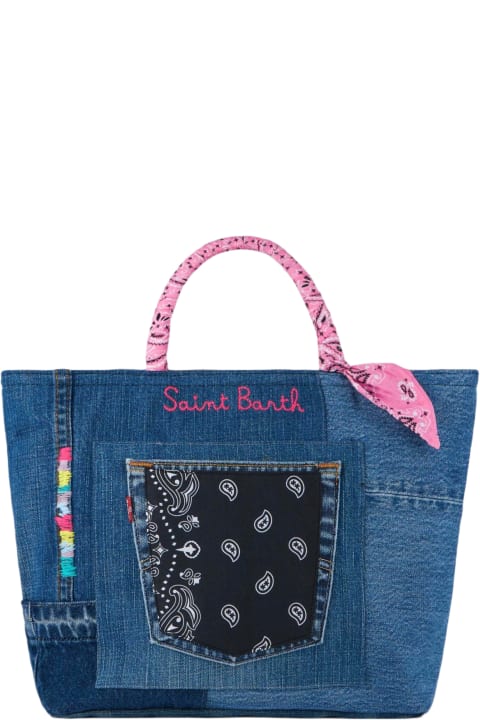 メンズ トートバッグ MC2 Saint Barth Denim Patchwork Handbag With Pink Bandanna Handles