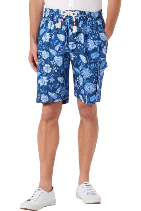Homeware MC2 Saint Barth Man Linen Blue Bermuda Shorts With Flower Print