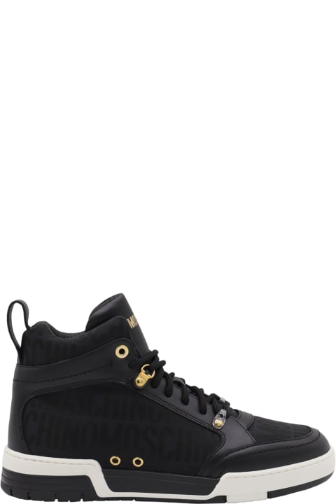 Moschino for Men Moschino Black Leather And Canvas Monogram Jacquard High Top Sneakers