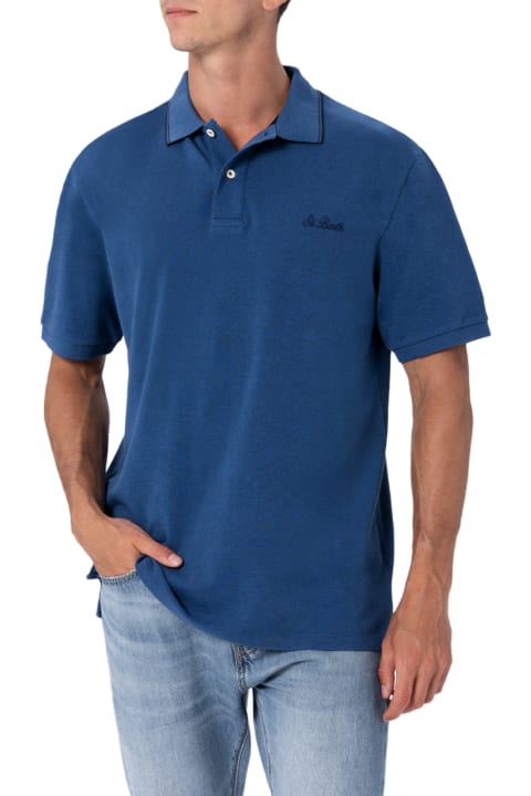 Homeware MC2 Saint Barth Man Denim Blue Cotton Piquet Polo Shirt Beverly Hills