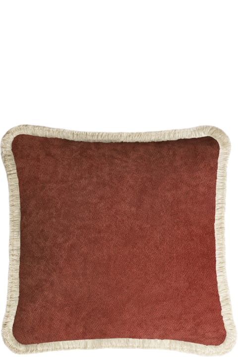 Home Décor Lo Decor Happy Pillow   Brick Red Velvet With Dirty White  Fringes