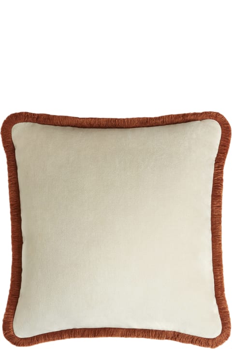 Home Décor Lo Decor Happy Pillow   Dirty White Velvet With Brick Red Fringes