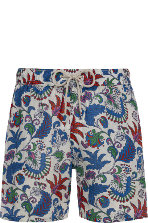Homeware MC2 Saint Barth Man Mid-length Linen Swim-shorts Gustavia With Flower Print