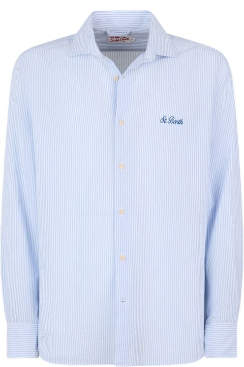 Homeware MC2 Saint Barth Man Seersucker Cotton Shirt Pamplona With Light Blue Stripes