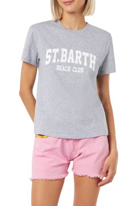 Homeware MC2 Saint Barth Woman Cotton Jersey Crewneck T-shirt Emilie With Saint Barth Beach Club Print