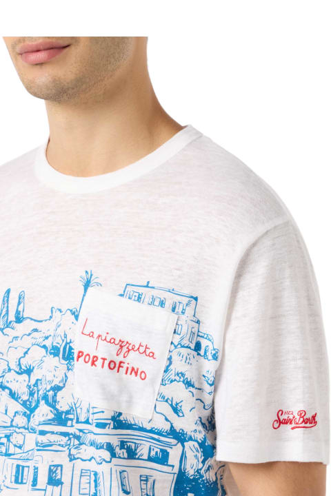 Homeware MC2 Saint Barth Man Linen Jersey T-shirt Ecstasea With Portofino Placed Print And Embroidered Pocket