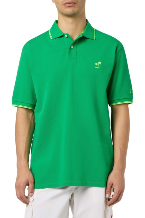 Homeware MC2 Saint Barth Man Green Cotton Piquet Polo Shirt Beverly Hills With Palm Embroidery
