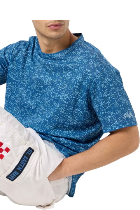 Homeware MC2 Saint Barth Man Blue Linen Jersey T-shirt Ecstasea With Sashiko Print