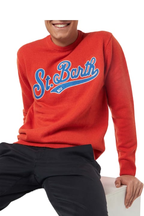 سترات صوف وبدل رياضية لـ القسم الرجالي MC2 Saint Barth Man Crewneck Orange Sweater With St. Barth Embroidery