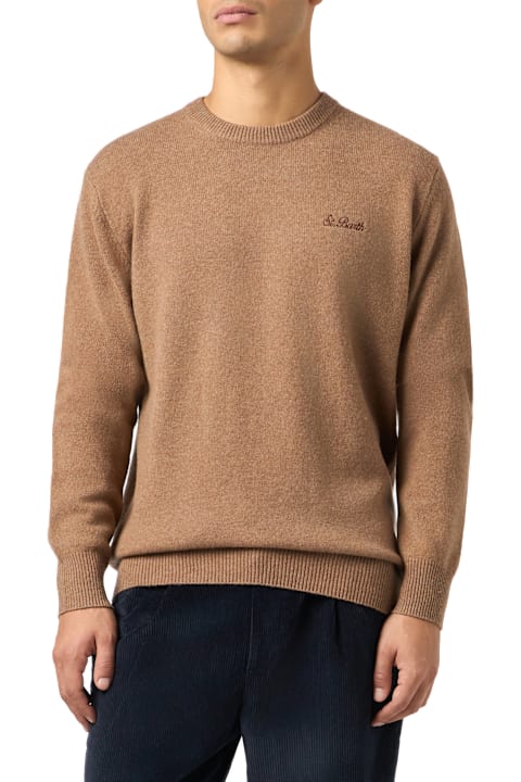 Homeware MC2 Saint Barth Man Crewneck Camel Sweater With St. Barth Embroidery