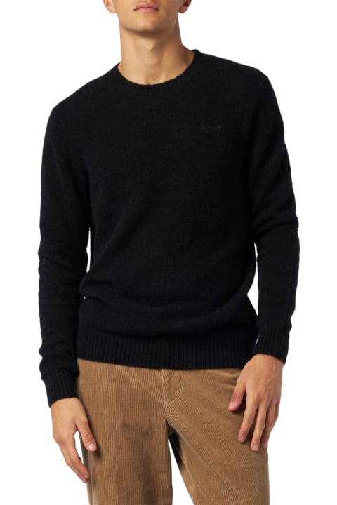 Homeware MC2 Saint Barth Crewneck Sweater Heron In Black Stretch Alpaca With St. Barth Embroidery