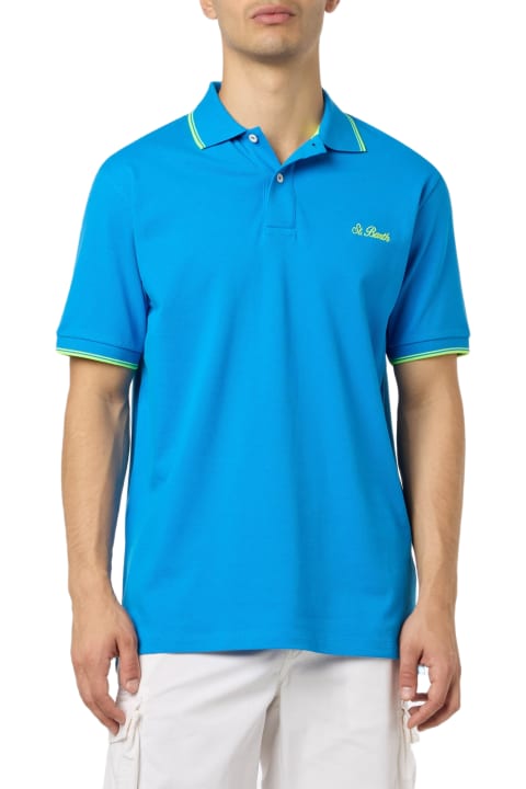Homeware MC2 Saint Barth Man Bluette Cotton Piquet Polo Shirt Beverly Hills With Palm Embroidery