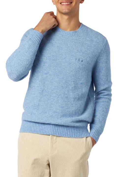 Homeware MC2 Saint Barth Man Light Blue Stretch Wool Sweater With St. Barth Embroidery