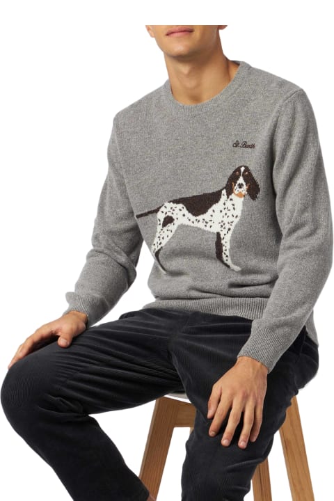 Homeware MC2 Saint Barth Man Crewneck Donegal Sweater With Country Dog Jacquard