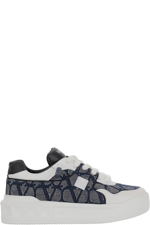 Shoes for Men Valentino Garavani Low-top One Stud Xl Sneakers In Nappa Leather And Jacquard Fabric Toile Iconographe With Denim Effect
