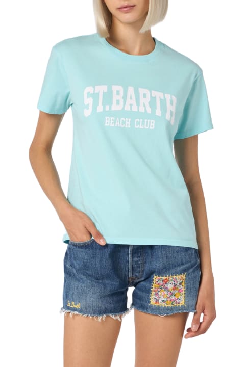 Homeware MC2 Saint Barth Woman Cotton Jersey Crewneck T-shirt Emilie With St. Barth Beach Club Print