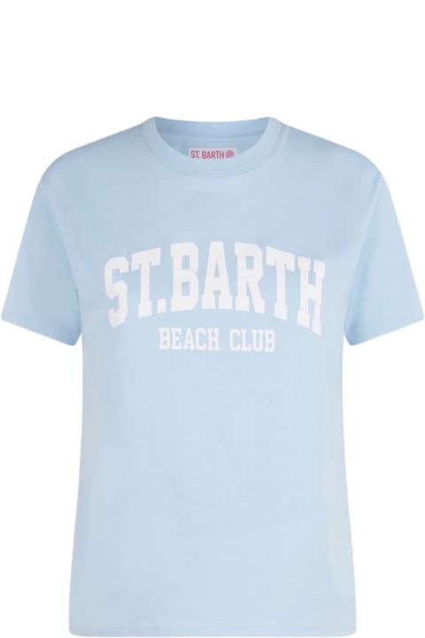 Homeware MC2 Saint Barth Woman Cotton Jersey Crewneck T-shirt Emilie With St Barth Beach Club Print