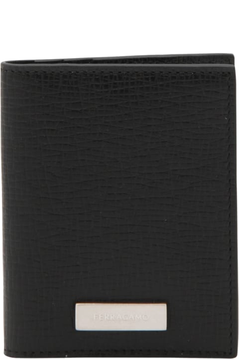 Ferragamo Wallets for Men Ferragamo Black Leather Custom Metal Plate Card Holder