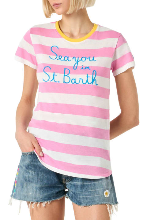 ウィメンズ新着アイテム MC2 Saint Barth Woman Cotton T-shirt With Sea You In St. Barth Embroidery