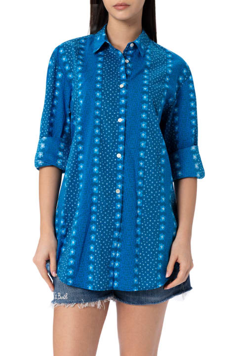 Homeware MC2 Saint Barth Woman Cotton Shirt Brigitte With Indigo Flower Print