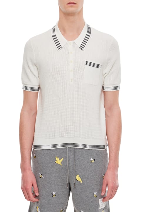 Topwear for Men Thom Browne Open Waffle Stitch Ss Polo In Cotton W/ 4 Bar Stripe Tipping Stripe
