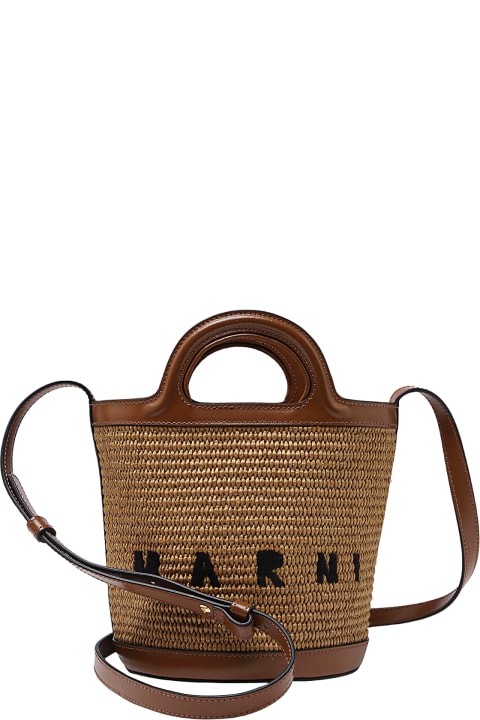 Marni Shoulder Bags for Women Marni Brown Raffia And Leather Tropicalia Mini Bucket Bag