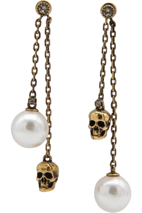 ウィメンズ Alexander McQueenのジュエリー Alexander McQueen Antique Gold Metal And Pearl Skull Chain Earrings