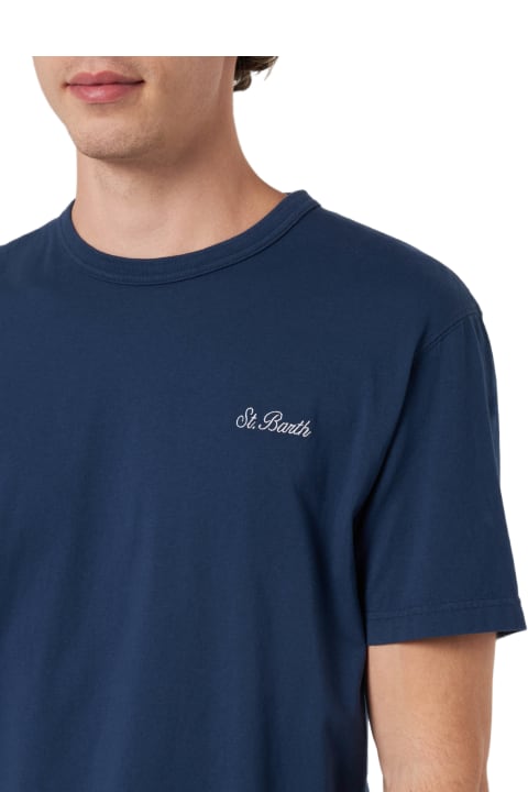 Homeware MC2 Saint Barth Man Blue Cotton Jersey T-shirt Dover With St. Barth Embroidery