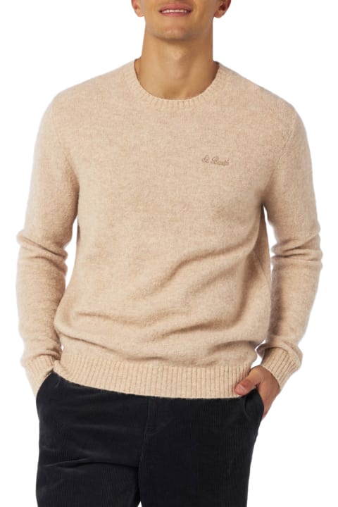 Homeware MC2 Saint Barth Man Beige Stretch Alpaca Sweater With St. Barth Embroidery
