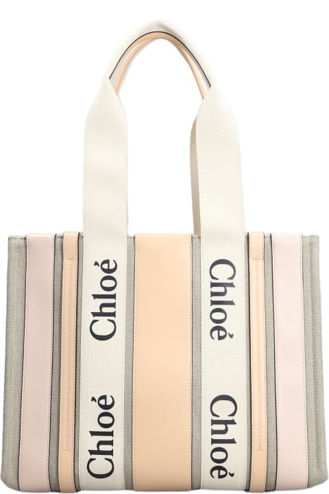 Bags for Women Chloé Woody Tote In Beige Leather And Fabric