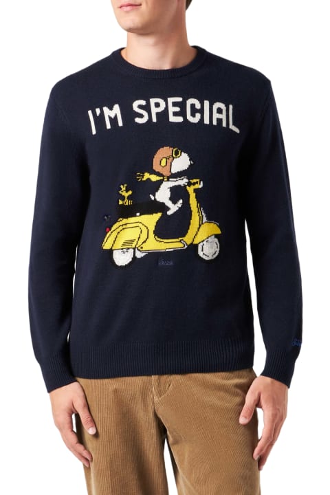 Homeware MC2 Saint Barth Man Crewneck Sweater With Snoopy Scooter Jacquard | Snoopy - ©peanuts Special Edition
