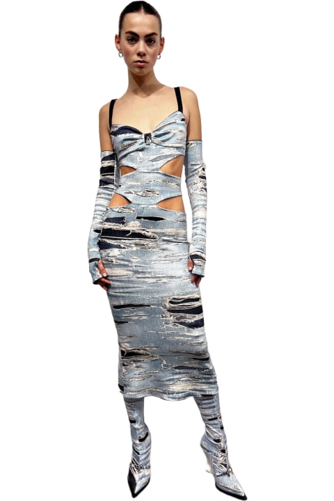 ウィメンズ John Richmondのワンピース＆ドレス John Richmond Long Dress With Decorative Splits And Thin Straps. Iconic Runway Denim-effect Pattern.