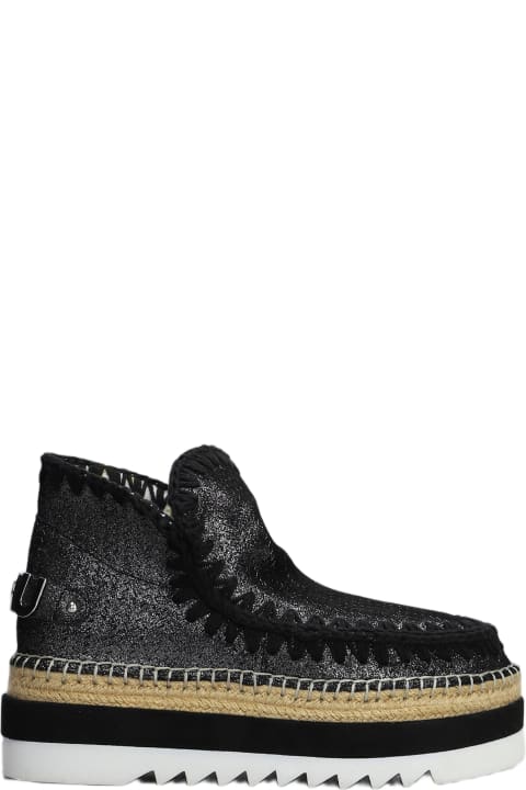 Mou Shoes for Women Mou Eskimo Jute Eva Low Heels Ankle Boots In Black Glitter