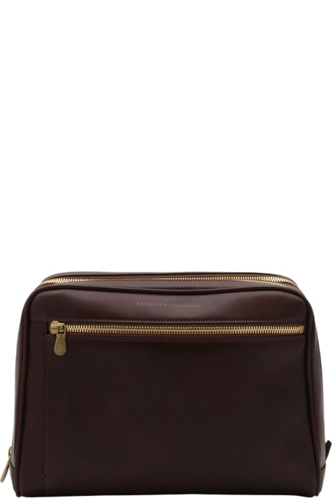 Brunello Cucinelli Shoulder Bags for Men Brunello Cucinelli Brown Zip Up Leather Pochettes