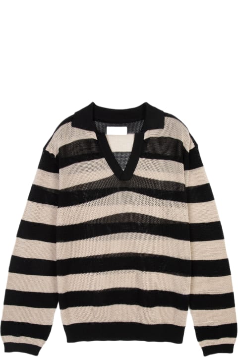 Laneus Sweaters for Women Laneus Mesh Polo Shirt Long Sleeves Man Beige and black striped mesh knitted polo shirt - Mesh polo shirt