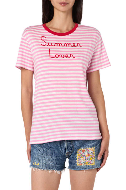 Homeware MC2 Saint Barth Woman Striped Cotton Jersey Crewneck T-shirt Emiilie With Summer Lover Embroidery