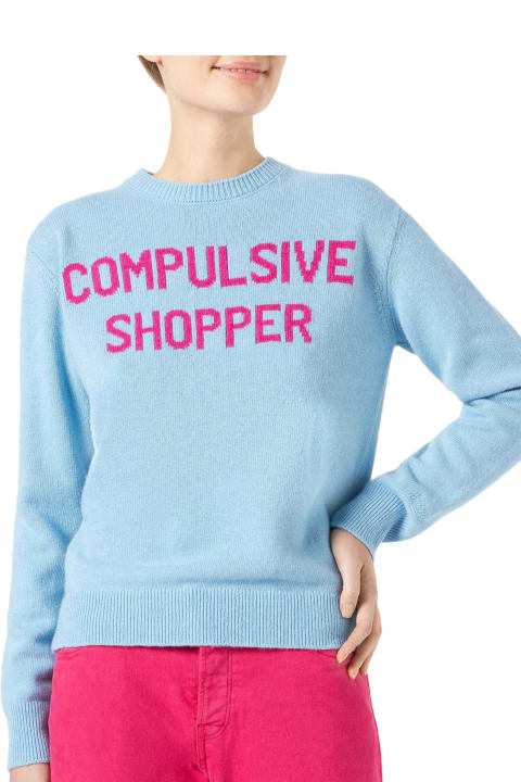 Homeware MC2 Saint Barth Woman Crewneck Light Blue Sweater With Compulsive Shopper Jacquard