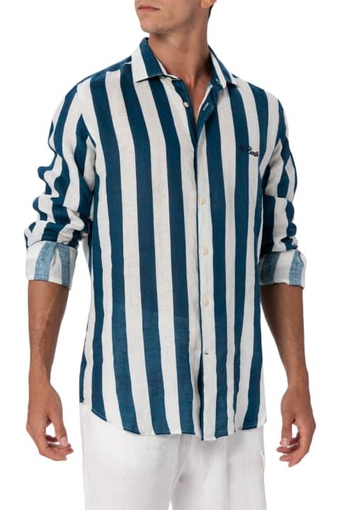 Homeware MC2 Saint Barth Man Navy Blue Striped Linen Shirt Pamplona