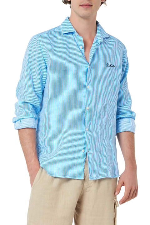 Homeware MC2 Saint Barth Man Turquoise Striped Linen Shirt Pamplona