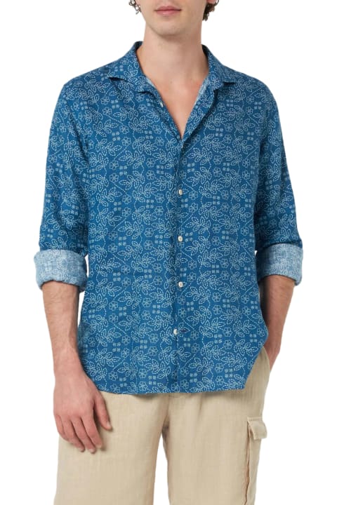 Homeware MC2 Saint Barth Navy Blue Linen Shirt Pamplona With Sashiko Print