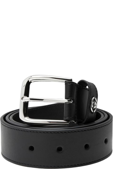 Gifts For Him for Men Gucci Black Leather Belt With Gg Crossover Detail