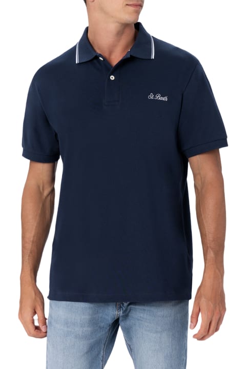 Homeware MC2 Saint Barth Man Blue Cotton Piquet Polo Shirt Beverly Hills
