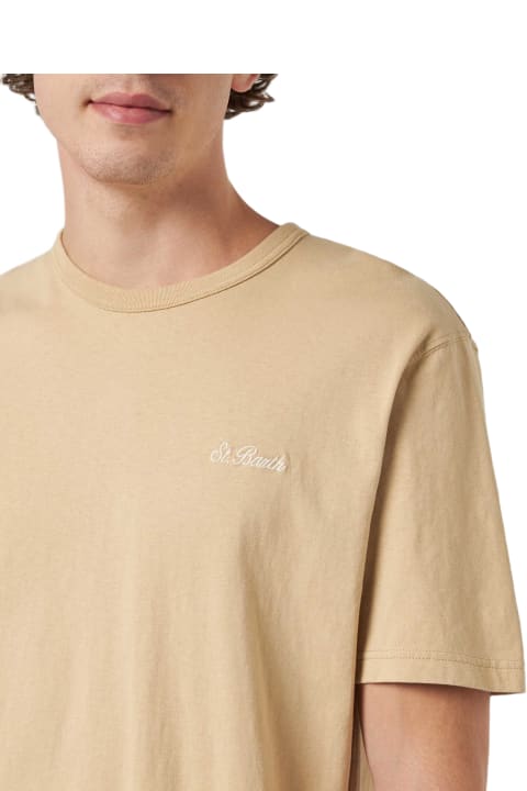 Homeware MC2 Saint Barth Man Beige Cotton Jersey T-shirt Dover With St. Barth Embroidery