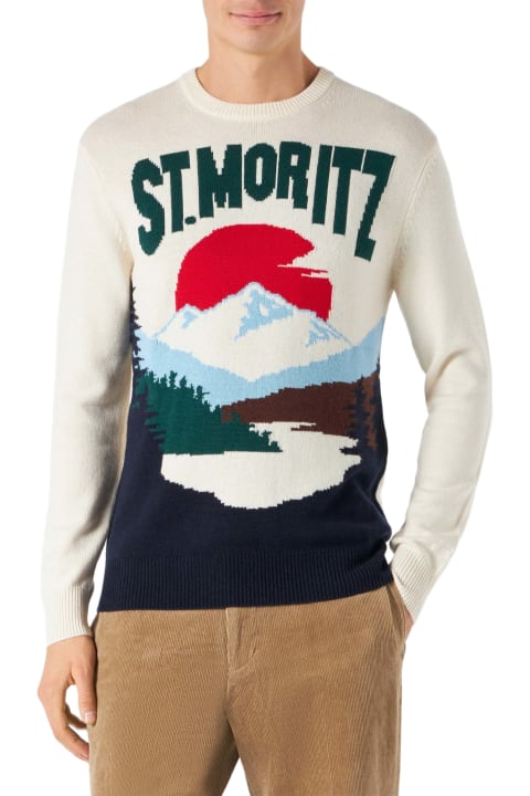 Homeware MC2 Saint Barth Crewneck Sweater Heron With St. Moritz Postcard Jacquard