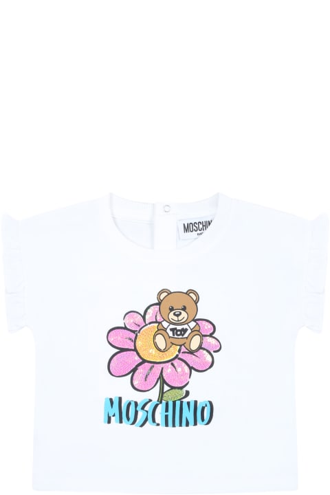 Topwear for Baby Girls Moschino White T-shirt For Baby Girl With Teddy Bear And Flowers
