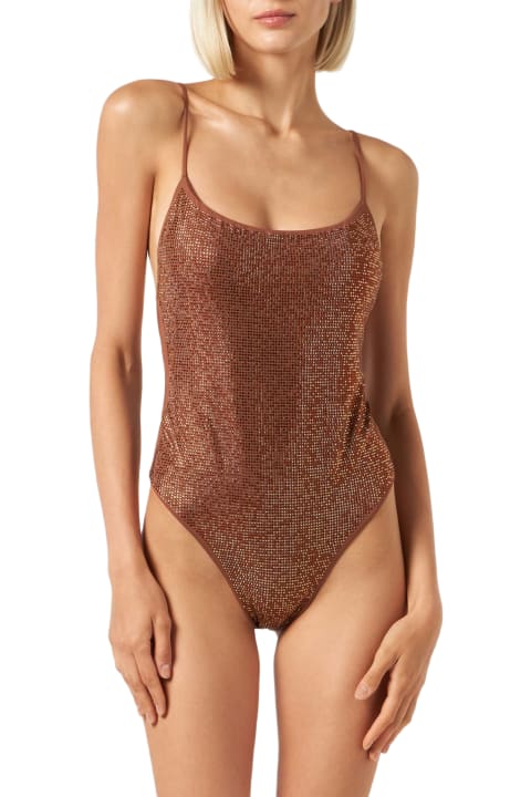 Homeware MC2 Saint Barth Woman One Piece Swimsuit With Brown Shades Rhinestones