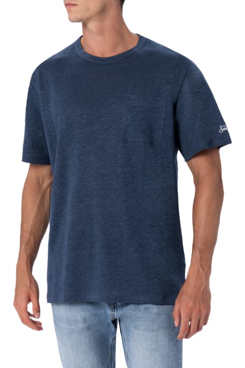 Homeware MC2 Saint Barth Man Navy Blue Linen Jersey T-shirt Ecstasea With Pocket